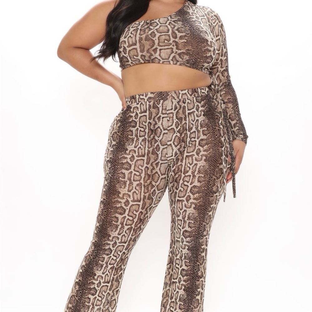 Fashion Nova Brown Snake Print Asymmetrical Jumpsuit